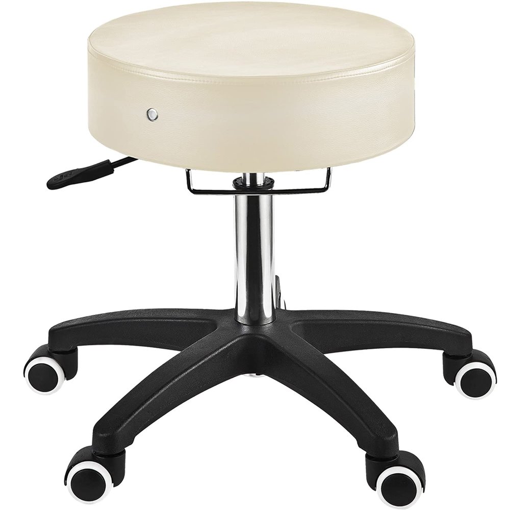 Master Massage Adjustable Rolling Stools with Wheels, Extra-Large Fully Rotating Seat Five Point Dual Swivel Casters Waterproof Upholstery Salon Spa Beauty Stool (Cream)