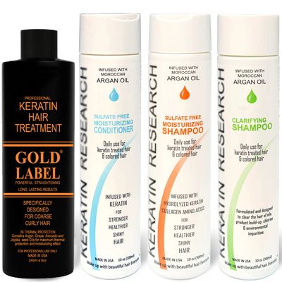 Gold Keratin Treatment Blowout Hair Treatment Super Enhanced Winning Formula All Hair Types & Colors Incl Blondes, Bleached, Coarse, Curly, Black African, Dominican Brazilian (8oz KIT)