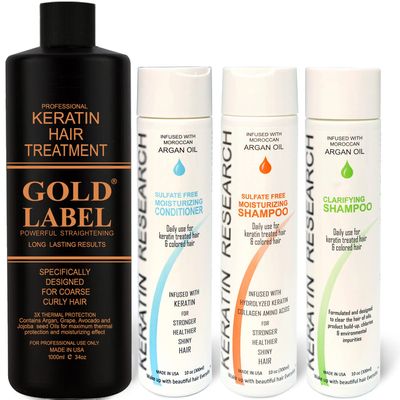 GOLD LABEL Brazilian Keratin Hair Treatment Blowout Strong Formula All Hair Types & Colors Incl Blondes, Bleached, Coarse, Curly, Black African, Dominican Brazilian (34oz KIT)