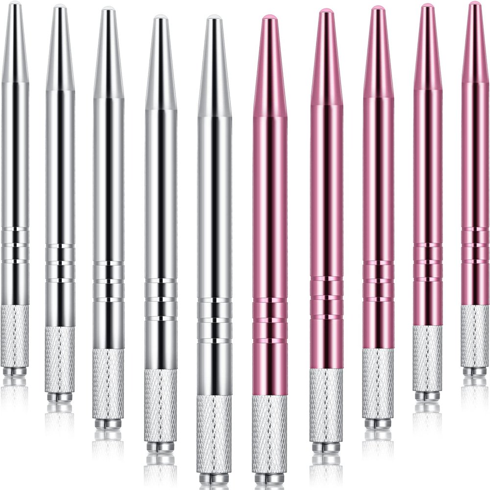 10 Pieces Microblading Pens Manual Eyebrow Microblade Pens Aluminum Hand Tools Light Manual Holder for Makeup Supplies Salons,2 Colors(Silver, Pink)
