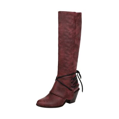Knee High Boots Women - Vintage Pointed Toe Straps Lace Up Chunky Heel Long Boots Winter Warm Solid High Heel Leather Riding Boots Casual Shoes