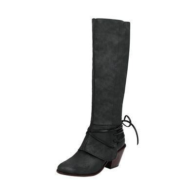 Knee High Boots Women - Vintage Pointed Toe Straps Lace Up Chunky Heel Long Boots Winter Warm Solid High Heel Leather Riding Boots Casual Shoes
