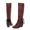 Knee High Boots Women - Vintage Pointed Toe Straps Lace Up Chunky Heel Long Boots Winter Warm Solid High Heel Leather Riding Boots Casual Shoes view 2