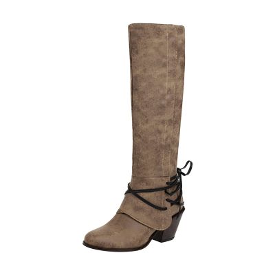 Knee High Boots Women - Vintage Pointed Toe Straps Lace Up Chunky Heel Long Boots Winter Warm Solid High Heel Leather Riding Boots Casual Shoes