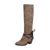 Knee High Boots Women - Vintage Pointed Toe Straps Lace Up Chunky Heel Long Boots Winter Warm Solid High Heel Leather Riding Boots Casual Shoes view 1