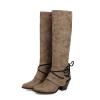 Knee High Boots Women - Vintage Pointed Toe Straps Lace Up Chunky Heel Long Boots Winter Warm Solid High Heel Leather Riding Boots Casual Shoes view 3