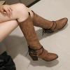 Knee High Boots Women - Vintage Pointed Toe Straps Lace Up Chunky Heel Long Boots Winter Warm Solid High Heel Leather Riding Boots Casual Shoes view 2
