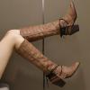 Knee High Boots Women - Vintage Pointed Toe Straps Lace Up Chunky Heel Long Boots Winter Warm Solid High Heel Leather Riding Boots Casual Shoes view 3