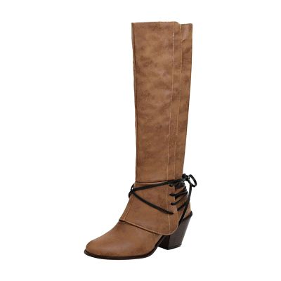 Knee High Boots Women - Vintage Pointed Toe Straps Lace Up Chunky Heel Long Boots Winter Warm Solid High Heel Leather Riding Boots Casual Shoes
