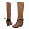 Knee High Boots Women - Vintage Pointed Toe Straps Lace Up Chunky Heel Long Boots Winter Warm Solid High Heel Leather Riding Boots Casual Shoes view 4