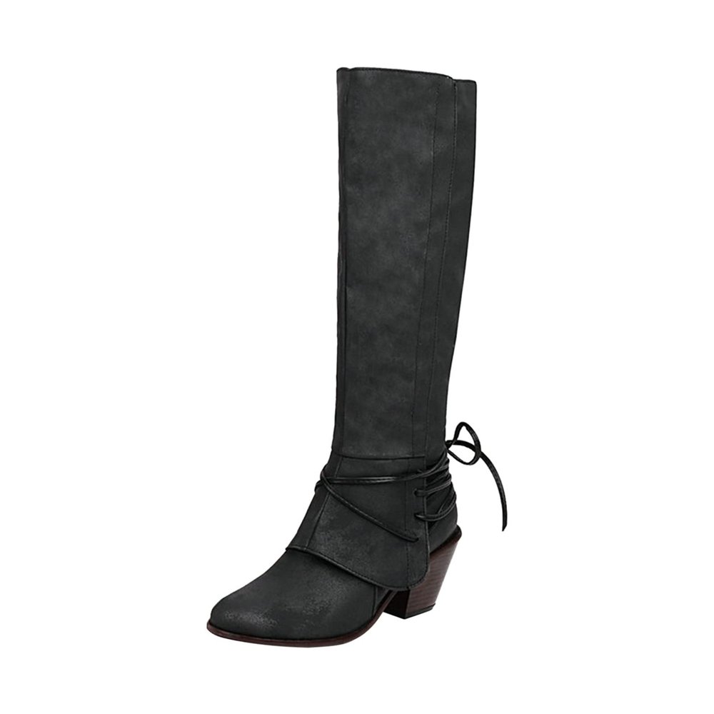 Knee High Boots Women - Vintage Pointed Toe Straps Lace Up Chunky Heel Long Boots Winter Warm Solid High Heel Leather Riding Boots Casual Shoes