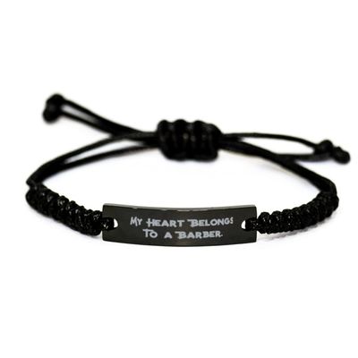 Krumfortable Living Brilliant Barber Gifts, My Heart Belongs to a Barber., Useful Black Rope Bracelet for Coworkers from Team Leader