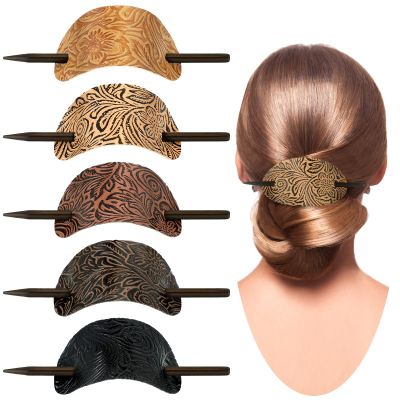 Juinte Hair Clip, 5 Pieces Faux Leather Barrette Hair Tie, Oval Shape Hair Slide Pins Ponytail Holders Hair Accessories for Women Girls (Vintage Style)