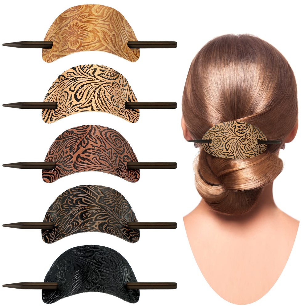 Juinte Hair Clip, 5 Pieces Faux Leather Barrette Hair Tie, Oval Shape Hair Slide Pins Ponytail Holders Hair Accessories for Women Girls (Vintage Style)