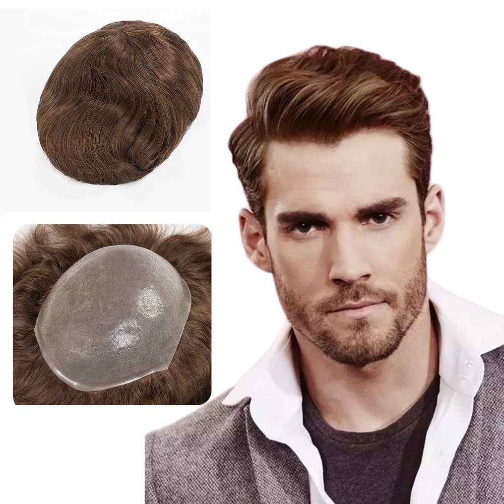 LLWear Toupee for Men Human Hair Mens Hair Pieces 0.06mm Soft Thin Skin Single Knotted Natural Wavy Men's Hair Replacement System with 8X10 Inch Cap #5(Dark Blonde Color)