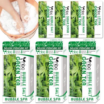 nbc BeautiLab Pedicure Kit Foot Soak Set: Bubble Salt, Sugar Scrub, Massage Mask, Massage Lotion in a Box, 4 Step Foot Spa Kit for Dry Feet,Tired Feet3 Set Green tea)