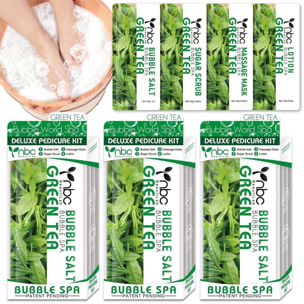 nbc BeautiLab Pedicure Kit Foot Soak Set: Bubble Salt, Sugar Scrub, Massage Mask, Massage Lotion in a Box, 4 Step Foot Spa Kit for Dry Feet,Tired Feet3 Set Green tea)