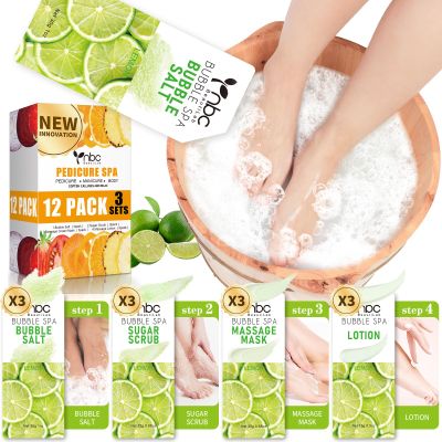 nbc BeautiLab Pedicure Kit Foot Soak Set: Bubble Salt, Sugar Scrub, Massage Mask, Massage Lotion in a Box, 4 Step Foot Spa Kit for Dry Feet, Calluses and Tired Feet(3 Set Lemon)