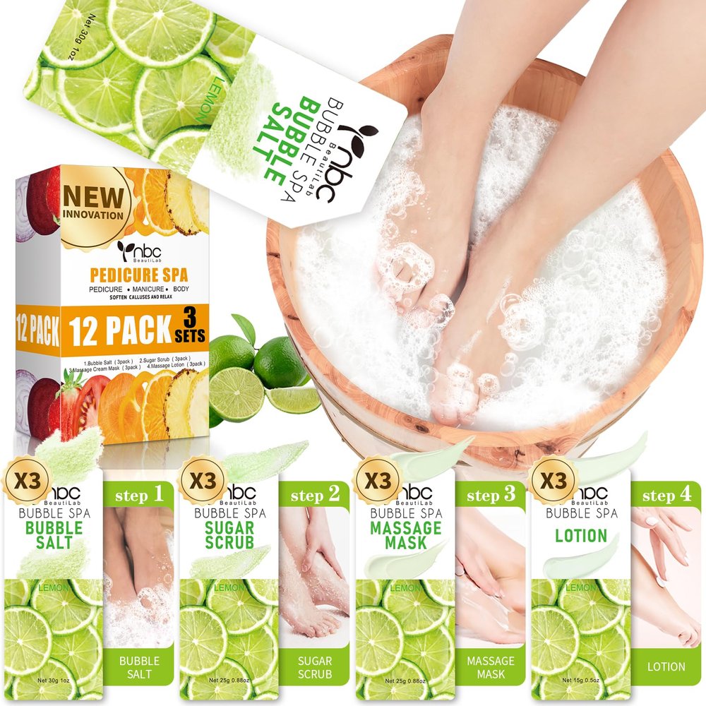 nbc BeautiLab Pedicure Kit Foot Soak Set: Bubble Salt, Sugar Scrub, Massage Mask, Massage Lotion in a Box, 4 Step Foot Spa Kit for Dry Feet, Calluses and Tired Feet(3 Set Lemon)