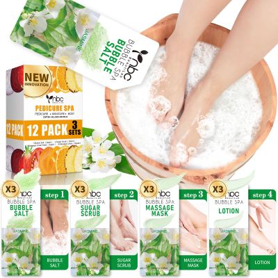 nbc BeautiLab Pedicure Kit Foot Soak Set: Bubble Salt, Sugar Scrub, Massage Mask, Massage Lotion in a Box, 4 Step Foot Spa Kit for Dry Feet, Calluses and Tired Feet(3 Set Jasmine)