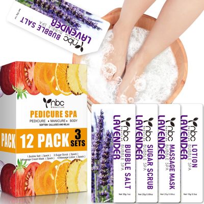 nbc BeautiLab Pedicure Kit Foot Soak Set: Bubble Salt, Sugar Scrub, Massage Mask, Massage Lotion in a Box, 4 Step Foot Spa Kit for Dry Feet, Softens Calluses, Tired Feet3 Set Lavender)