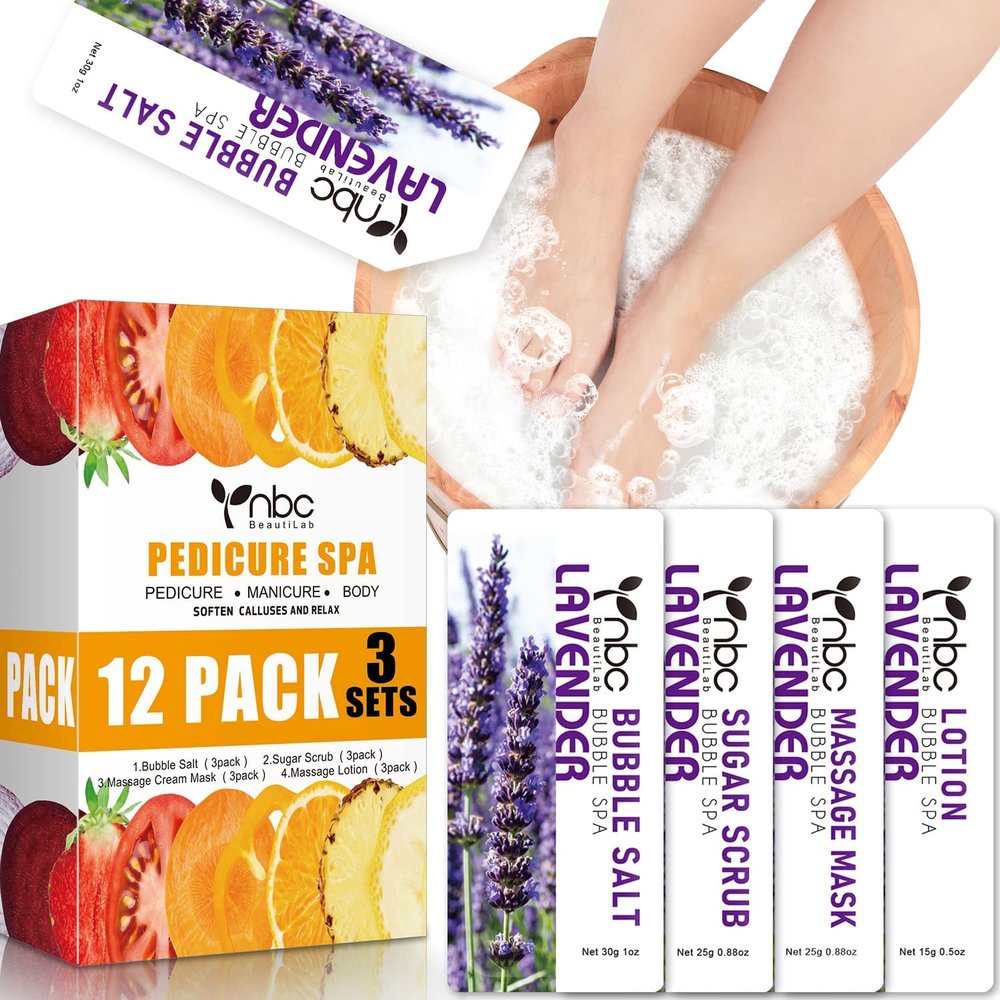 nbc BeautiLab Pedicure Kit Foot Soak Set: Bubble Salt, Sugar Scrub, Massage Mask, Massage Lotion in a Box, 4 Step Foot Spa Kit for Dry Feet, Softens Calluses, Tired Feet3 Set Lavender)
