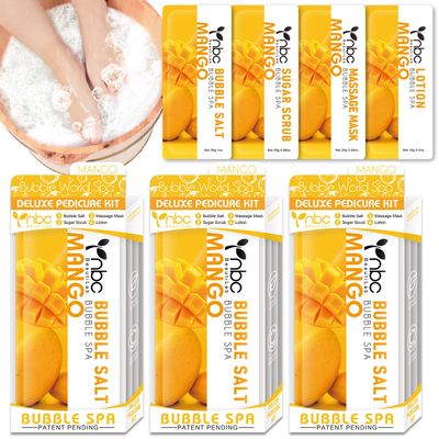 nbc BeautiLab Pedicure Kit Foot Soak Set: Bubble Salt, Sugar Scrub, Massage Mask, Massage Lotion in a Box, 4 Step Foot Spa Kit for Dry Feet,Tired Feet3 Set Mango)