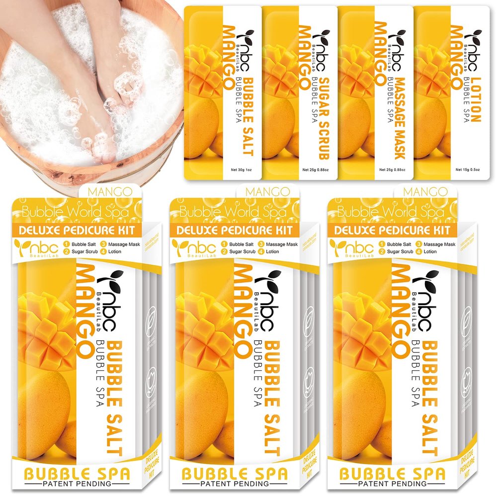 nbc BeautiLab Pedicure Kit Foot Soak Set: Bubble Salt, Sugar Scrub, Massage Mask, Massage Lotion in a Box, 4 Step Foot Spa Kit for Dry Feet,Tired Feet3 Set Mango)