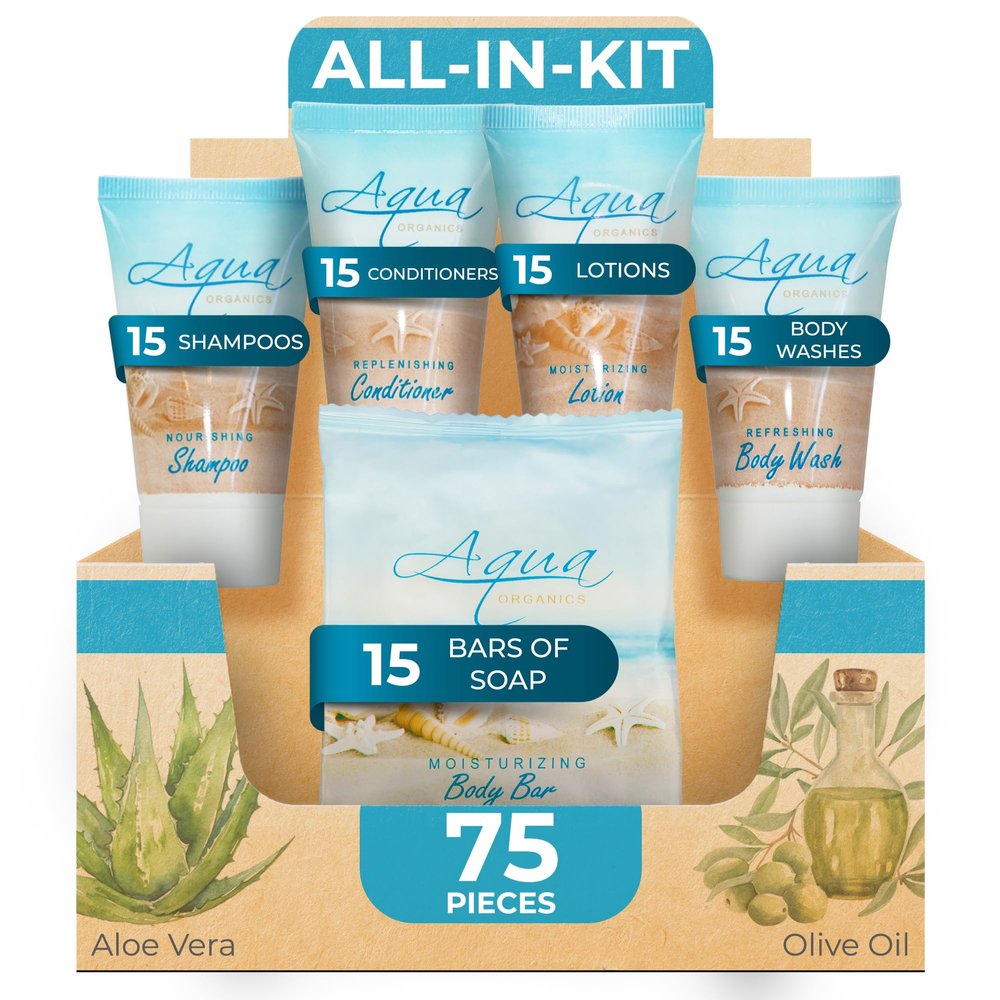 Aqua Organics Hotel Soaps & Toiletries Bulk Set | 1-Shoppe Amenities Kit | 1oz Shampoo & Conditioner, Body Wash, Lotion, 1oz Bar Soap | Travel Size | 75 Pieces