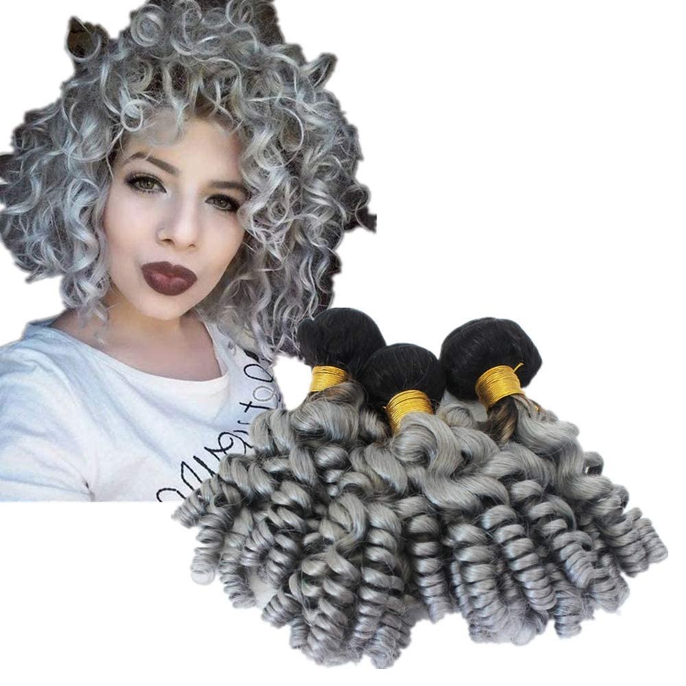 Cloud Hair Dark Roots Silver Grey Color Hair Weaves 3Bundles Ombre Two Tone Color 1B Grey Funmi Curly Hair Extensions Double Wefted 300G (10"12"14")