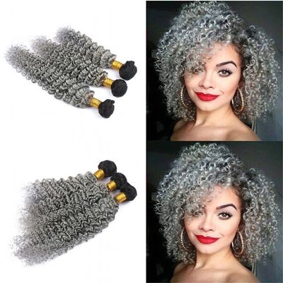 3 Pcs Bundles Ombre Peruvian Jerry Curl Bundles Mixed Length Double Weft Ombre Grey Human Hair #1B/Grey Color Kinky Curly(16"16"16")