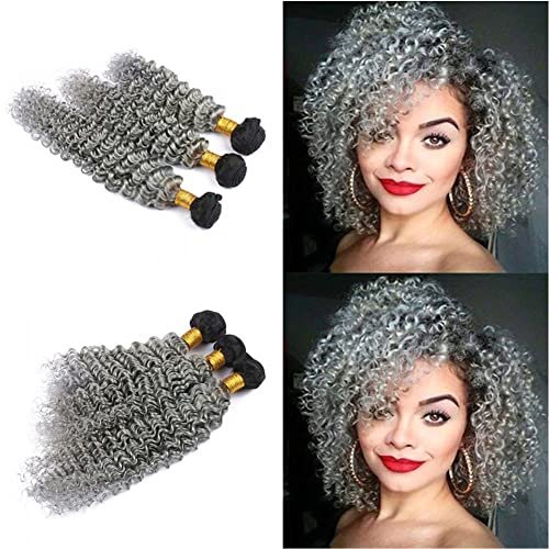 3 Pcs Bundles Ombre Peruvian Jerry Curl Bundles Mixed Length Double Weft Ombre Grey Human Hair #1B/Grey Color Kinky Curly(20"22"24")