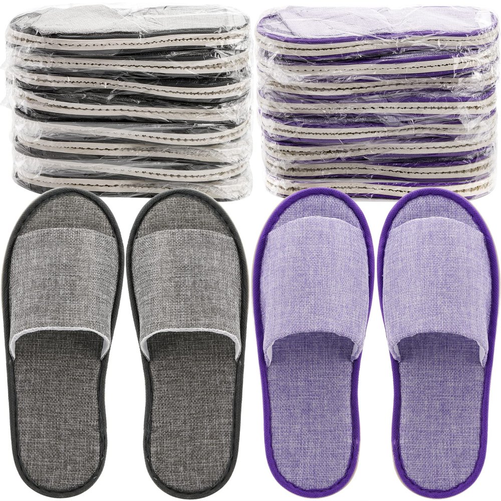 Frcctre 16 Pairs Disposable Slippers, Cotton Linen Open Toe Spa Slippers for Women and Men, Breathable Non-Slip Disposable Slipper for Travel Guests Hotel Home, Gray and Purple