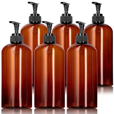 JUVITUS 16 oz / 500 ml Amber Slim PET Plastic Bottles (BPA Free) with Black Lotion (Lock Down) Pump (6 Pack)