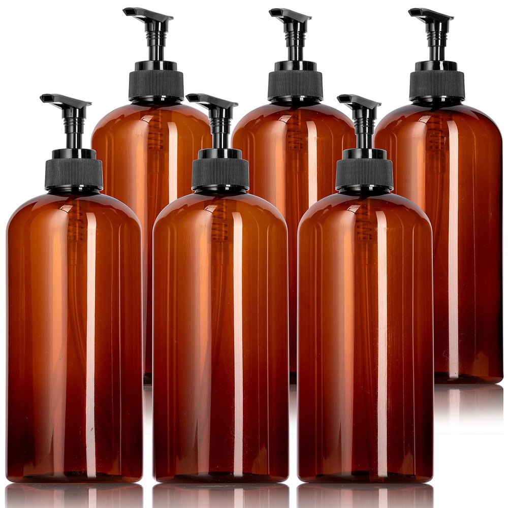 JUVITUS 16 oz / 500 ml Amber Slim PET Plastic Bottles (BPA Free) with Black Lotion (Lock Down) Pump (6 Pack)