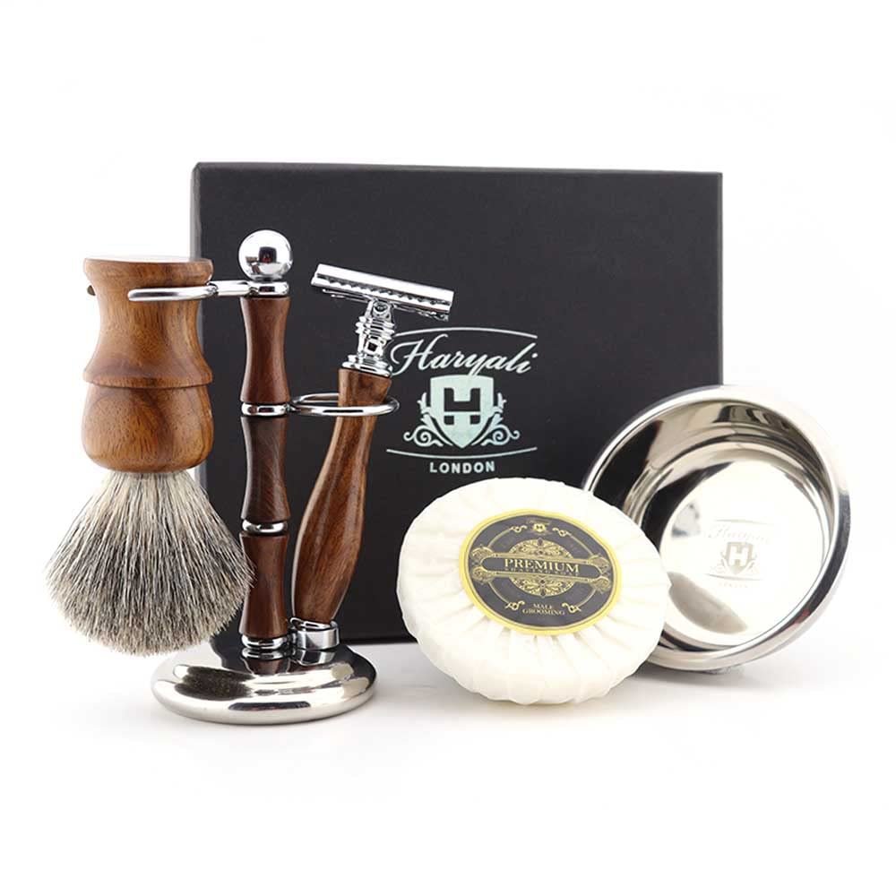 Haryali London Shaving Kit - 5 pc Wooden Shaving Set - Sustainable - Shaving Brush Set - Super Badger Hair Shaving Brush - Double Edge Safety Razor - Shaving Stand - Shaving Soap - Shaving Bowl