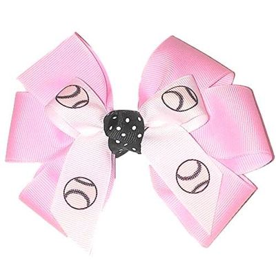 Softball Hair Bow with six loops, Made in the USA, White Pony Band, many colors (Light Pink)