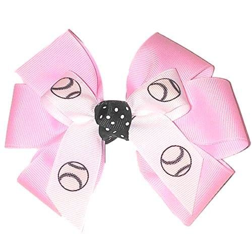 Softball Hair Bow with six loops, Made in the USA, White Pony Band, many colors (Light Pink)