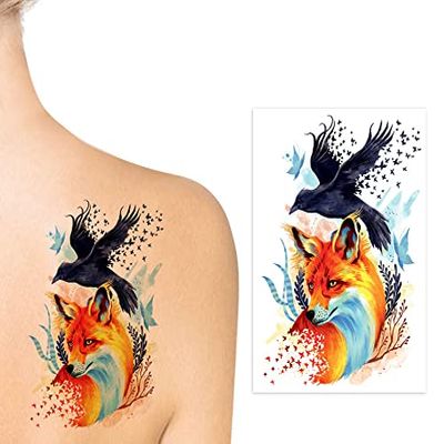 WIRESTER Temporary Tattoo Stickers for Adults Men Women, Fake Tattoos on Face Hand Neck Wrist Party Favor Body Art, Tattoo Sheet 6 x 7.87 inch - Fox Crow Butterflies