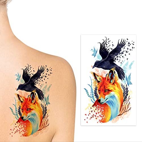 WIRESTER Temporary Tattoo Stickers for Adults Men Women, Fake Tattoos on Face Hand Neck Wrist Party Favor Body Art, Tattoo Sheet 6 x 7.87 inch - Fox Crow Butterflies