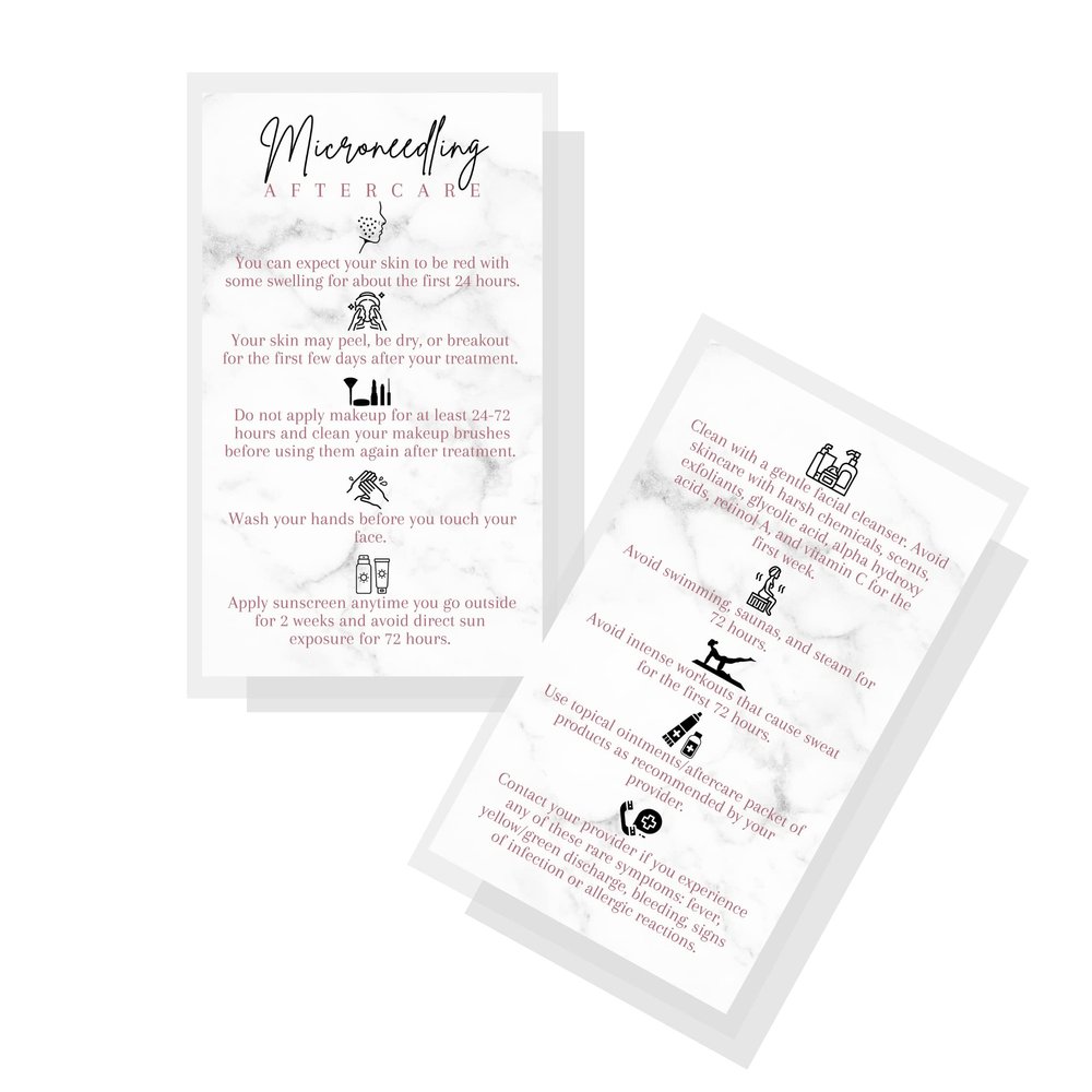 Lashicorn Microneedling Aftercare Cards | 50 Pack | Size 2x3.5 inches Business Card Size | Skin Rejuvenating Microneedling | AntiAging AntiWrinkle Microneedle | Marble Design