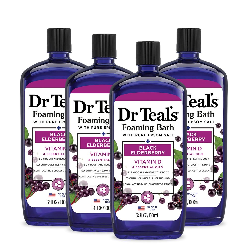 Dr Teal's Foaming Bath with Pure Epsom Salt, Black Elderberry with Vitamin D, 34 fl oz (Pack of 4)