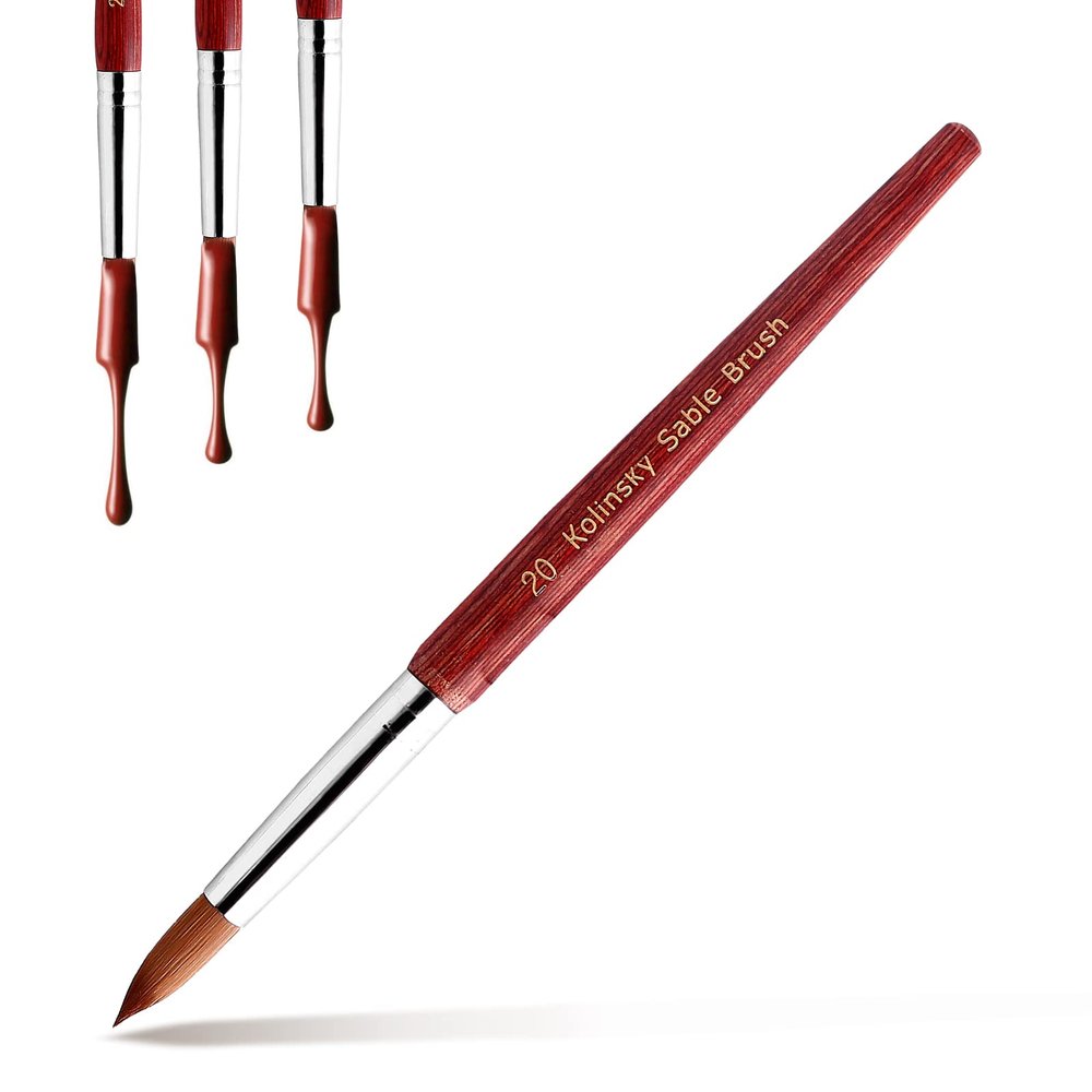 Kolinsky Acrylic Nail Brush Size 20, Acrylic Nail Brush for Acrylic Powder Nail Carved and Extend Nails, Kolinsky Hair Red Wooden Handle for Beginner and Professional