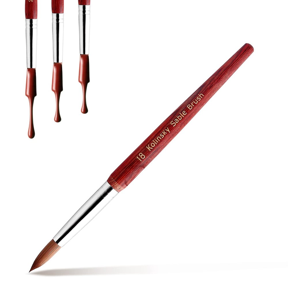 Kolinsky Acrylic Nail Brush Size 18, Acrylic Nail Brush for Acrylic Powder Nail Carved and Extend Nails, Kolinsky Hair Red Wooden Handle for Beginner and Professional