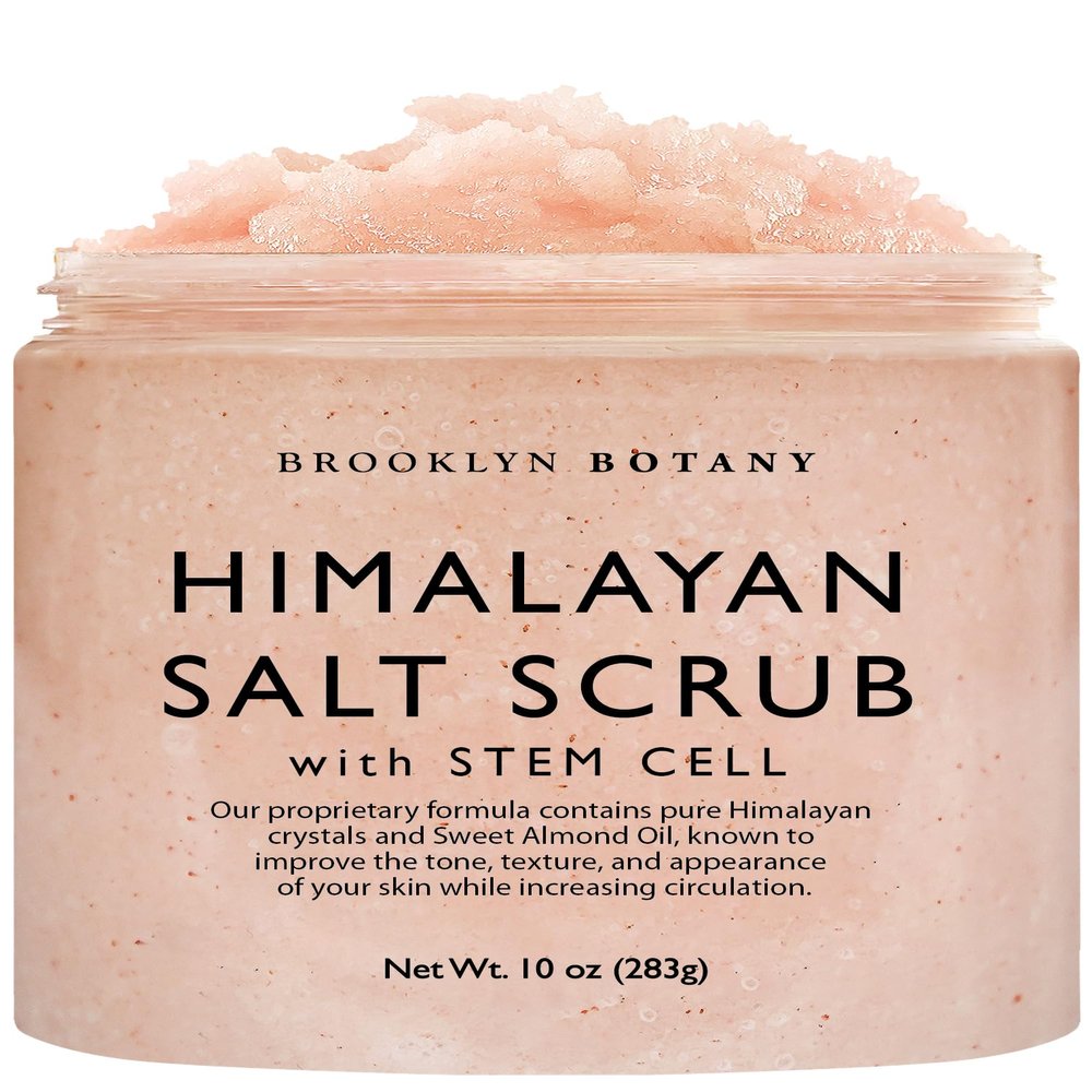 Brooklyn Botany Himalayan Salt & Stem Cell Body Scrub - Moisturizing and Exfoliating Body, Face, Hand, Foot Scrub - Fights Stretch Marks, Fine Lines, Wrinkles - Great Gifts for Women & Men - 10 oz