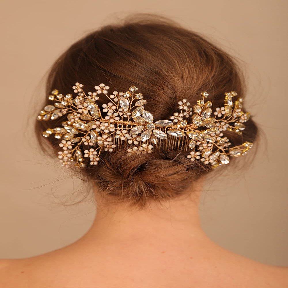 Denifery Gold Bride Crystal Wedding Hair Comb Silver Rhinestone Bridal Side Comb Opal Hair Piece Flower Wedding Hair Accessories for Women and Girls