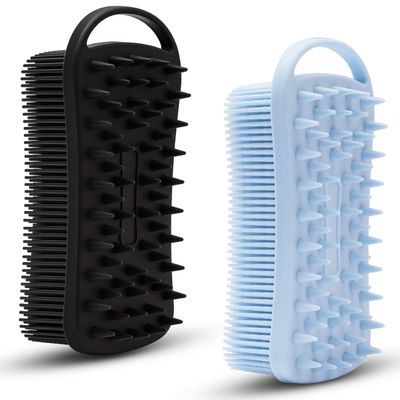 2 PC Silicone Body Scrubber, 2 in 1 Exfoliating Shower Bath Scrubber, Soft Silicone Loofah for Sensitive Skin, Shower Hair Scalp Massager, Easy to Clean, Lather Well (Blue&Black)