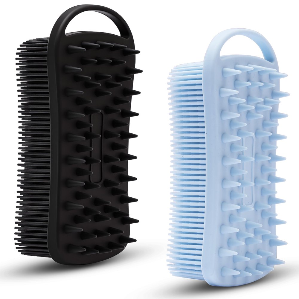 2 PC Silicone Body Scrubber, 2 in 1 Exfoliating Shower Bath Scrubber, Soft Silicone Loofah for Sensitive Skin, Shower Hair Scalp Massager, Easy to Clean, Lather Well (Blue&Black)