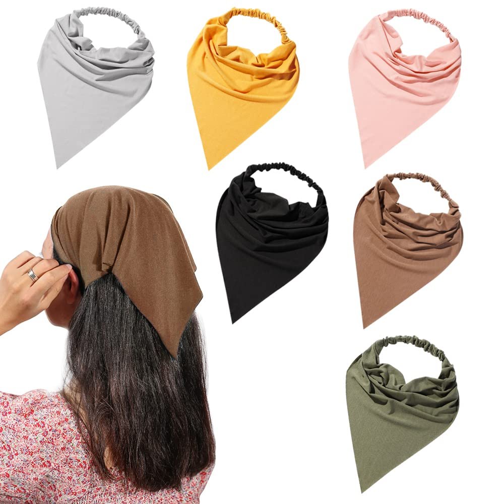 Vercret 6 Pack Hair Scarf Headband for Women - Elastic Hair Kerchief Large Boho Triangle Bandana Head Scarf with Clips Non Slip Solid Color Headbands Hair Scarves for Teen Girls