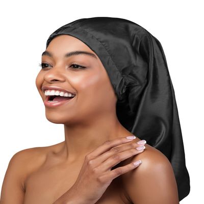 Heerf Extra Long Satin Bonnet Sleeping Hat Beanie Cap Baggy Hair Covering Black